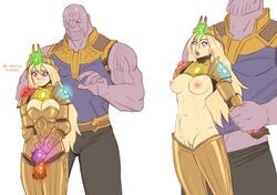 1boy 1boy1girl 1girls big_dom_small_sub big_penis breasts digital_drawing_(artwork) digital_media_(artwork) english english_text female female_penetrated flick gijinka humanized infinity_gauntlet interspecies male male/female male_penetrating male_penetrating_female maledom marvel meme pounding rough_sex sex sex_from_behind stomach_bulge tagme text thanos