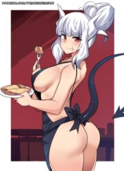 1girls big_ass big_breasts demon_girl demon_horns demon_tail eye_contact female helltaker hinghoi horns huge_breasts looking_at_viewer lucifer_(helltaker) medium_hair pale-skinned_female pale_skin patreon patreon_username ponytail red_eyes standing thick_ass thick_thighs thighs url white_hair white_horns