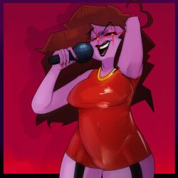 1girl 1girls armpit armpits asundermouse black_eyes clothed clothing demon demon_girl female female_focus female_only fnf fnf_mommy_mearest friday_night_funkin gold_jewelry latex latex_clothing lipstick microphone mommy_mearest necklace no_nose pin-up purple_skin red_nail_polish red_nails suggestive suggestive_pose