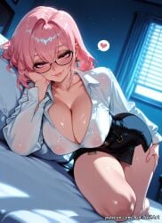 1girl 2026 ai_generated anime bangs bed belt black_skirt blush boobs breasts cleavage collarbone collared_shirt covered_nipples crossover earrings eye_contact female female_focus flushed glasses hair_between_eyes heart highres hoyoverse huge_breasts indoors inside jewelry large_breasts long_sleeves looking_at_viewer lying mihoyo no_bra nsfw on_bed on_side patreon pencil_skirt pink_eyes pink_hair rognezart seductive_smile see-through shirt skirt smile smiling solo spoken_heart sweat sweaty thick_thighs thighs tsukishiro_yanagi wet white_shirt window zenless_zone_zero
