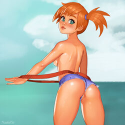 1girls ass blush eye_contact green_eyes human kasumi_(pokemon) klimspree lips looking_at_viewer nintendo orange_hair pokemon pokemon_rgby shorts sideboob suspenders text thick_thighs thigh_gap topless watermark wide_hips