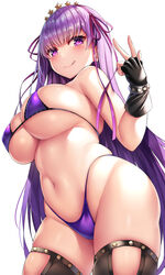 1girls ass bb_(fate) bb_(swimsuit_mooncancer) belly belly_button big_ass big_breasts blush cleavage erect_nipples erect_nipples_under_clothes fate/grand_order fate_(series) female female_only fingerless_gloves gloves hair_ornament hand_sign highleg_bikini large_breasts leather_stockings licking_lips lip_licking long_hair looking_at_viewer looking_down nano_(syoutamho) purple_bra purple_eyes purple_hair purple_panties purple_ribbon ribbons shiny_skin sideboob simple_background string_bikini swimsuit thick_thighs thighhighs thighs tight_swimsuit tight_underwear tongue_out underboob very_long_hair wide_hips