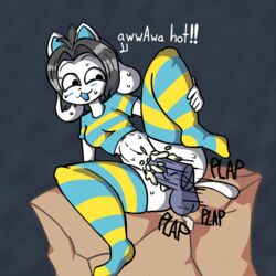 anthro blush cardboard_box cat_ears cat_tail crop_top cum cum_in_pussy cum_inside disembodied_penis dog_ears finchie furry grey_hair simple_background stockings stomach_bulge tail temmie temmie_(undertale) text undertale vagina vaginal_penetration white_fur