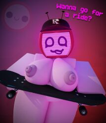 1girls 3d 3d_(artwork) aechrb blender digital_media_(artwork) female female_only forsaken_(roblox) render roblox roblox_game robloxian robot robot_girl skateboard tagme tv tv_face tv_head tv_screen veeronica