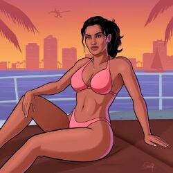 1girls absurd_res bare_shoulders brown_hair_female brunogoretti cityscape cleavage collarbone grand_theft_auto grand_theft_auto_vi happy_female huge_breasts leaning_back long_hair_female lucia_caminos mature_woman navel necklace oblivious_sexualization pink_bikini plane posing posing_for_the_viewer sitting source_request sunset thong_bikini unbothered watermark