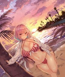 ahoge bangs beach bikini blue_hair blush breasts building buttons choker closed_mouth cloud earrings eyebrows_visible_through_hair female furrowed_eyebrows groin hair_intakes half-closed_eyes heart highleg highleg_bikini highres hood hoodie horizon huge_breasts idolmaster idolmaster_cinderella_girls jewelry large_breasts leg_up long_sleeves looking_at_viewer multicolored_hair navel o-ring o-ring_top ocean open_clothes open_hoodie outdoors palm_tree pier pink_choker pink_eyes pink_hair red_bikini sand sandals sea shiokonbu short_hair side-tie_bikini skin_fang sky solo stomach string_bikini striped sun sunset swimsuit thighs tree twilight two-tone_hair vertical_stripes waves white_hoodie wide_hips yumemi_riamu