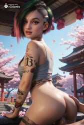 tattoo hetero penis 1boy sex ass cherry_blossoms east_asian_architecture breasts vaginal green_hair architecture multicolored_hair uncensored shoulder_tattoo brown_eyes arm_tattoo bottomless looking_at_viewer tank_top short_hair thighhighs nose outdoors hair_ornament looking_back lips petals black_hair pussy medium_breasts solo_focus pink_hair sideboob day asymmetrical_hair crop_top sex_from_behind undercut two-tone_hair ass_grab parted_lips r34arts hi_res ai_generated judy_alvarez cyberpunk_2077 cd_projekt_red 1girls female 1boy1girl vaginal_sex vaginal_penetration