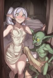 1boy 1girls ai_generated bed bulge bulge_through_clothing cameltoe elf elf_ears elf_female female frieren goblin goblin_male green_skin imminent_penetration imminent_sex light-skinned_female light_skin loincloth male pale-skinned_female pale_skin penis_bulge pointy_ears size_difference small_breasts smaller_male sousou_no_frieren standing sweat sweatdrop sweating taller_female thick_thighs thighs twintails yellow_eyes
