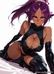 1girl 2026 ai_generated anime bangs bare_shoulders black_dress black_footwear black_gloves black_panties black_thighhighs bleach bleach:_the_thousand-year_blood_war blush boobs boots breasts cleavage cleavage_cutout closed_mouth clothing_cutout crossover dark-skinned_female dark_skin dress elbow_gloves eye_contact female female_focus flushed gloves handwear high_heel_boots high_heels highres huge_breasts kneeling large_breasts long_hair looking_at_viewer neutral_expression nsfw panties parted_bangs patreon ponytail purple_hair rognezart seductive_smile shihouin_yoruichi shiny simple_background sleeveless smile smiling solo sweat sweaty thick_thighs thigh_boots thighhighs thighs underwear very_long_hair white_background yellow_eyes