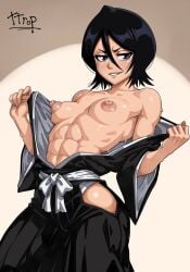 ttrop abs kuchiki_rukia bleach black_hair light-skinned_female small_breasts breasts nipples smug purple_eyes shihakusho black_kimono sweat 2d 2d_(artwork) tagme kimono flashing female female_only muscular_female 1girls