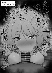 1boy 1girl :>= antenna_hair arcueid_brunestud bar_censor blush boots breasts censored commentary_request crescent crescent_hair_ornament dark-skinned_male detached_sleeves duo erection fate/grand_order fate_(series) fellatio female greyscale hair_intakes hair_ornament hetero kurotama looking_at_viewer magical_girl male monochrome motion_lines nipples nose_blush oral penis phantas-moon pov pov_crotch saliva short_hair sidelocks solo_focus squatting sweat thigh_boots tile_floor tiles toilet_stall translation_request veins veiny_penis