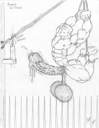 2015 bara cock_and_balls_torture dated gay hyper_balls jayse_(artist) male male_only monochrome muscular original tagme torture traditional_media white_background