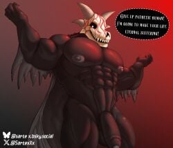 2026 abs absurd_res anthro balls big_penis black_body bone cape claws clothing demon dialogue digital_drawing_(artwork) digital_media_(artwork) flaccid foreskin fran_bow genitals glans hi_res horn huge_penis looking_at_viewer male muscular muscular_anthro muscular_arms muscular_legs muscular_male navel nipples open_mouth penis portrait pose raised_arm remor sartex sharp_teeth signature simple_background skull skull_head solo standing teeth three-quarter_portrait white_eyes