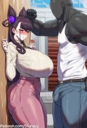1boy 1girls ai_generated ass big_ass breasts bulge bulge_through_clothing curvaceous curvy curvy_ curvy_body curvy_female curvy_figure dark-skinned_male dark_skin fate_(series) hourglass_figure huge_ass huge_breasts light-skinned_female light_skin looking_at_penis murasaki_shikibu_(fate) side_view slim_waist slunary thick thick_ass thick_thighs thighs wall watermark