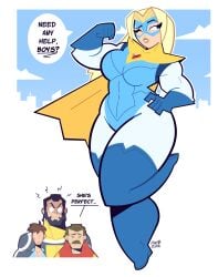 1girls 3boys big_breasts black_hair blonde_blazer blonde_hair blue_eyes breasts brown_hair crossover curvaceous dispatch_(game) female female_focus glare goodbyellow invincible long_hair male meme multiple_boys phenomaman robert_robertson the_immortal thick_thighs thighs_bigger_than_head where_is_omni-man