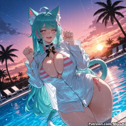 paw_pose miyuai ai_generated ai_assisted thick_thighs thick_ass thick thick_legs thick_hips thick_butt wide_hips wide_thighs voluptuous voluptuous_female curvy curvy_figure curvaceous curvy_female female 1girl catgirl cat_ears cat_girl mint_(neverness_to_everness) neverness_to_everness swimsuit bikini tail palm_tree cat_tail breasts animal_ears striped_bikini ahoge tree shirt striped side-tie_bikini sunset sky solo rating:safe open_mouth water looking_at_viewer long_hair cleavage large_breasts outdoors animal_ear_fluff wet star_(sky) dress_shirt smile eyebrows_visible_through_hair bikini_under_clothes ocean see-through wading blue_hair bangs blush starry_sky collared_shirt