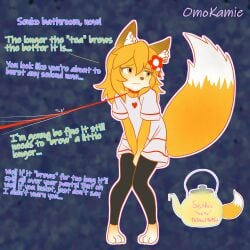 absurd_res anthro big_tail bodily_fluids canid canine clothing desperation disobedient female fox fox_spirit genital_fluids hi_res imminent_peeing leash leash_pull leggings legwear mammal offscreen_character omokamie omorashi oversized_clothing oversized_shirt oversized_topwear peeing senko-san senko_(sewayaki_kitsune_no_senko-san) sewayaki_kitsune_no_senko-san shirt solo squirming submissive tail text topwear urine urine_meter urophagia watersports