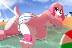 1girls 2020 animal_crossing ass beach blush_lines breasts canine cookie_(animal_crossing) englam female furry laying_down looking_at_viewer nintendo pink_eyes pink_fur tongue tongue_out