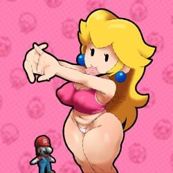 blonde_hair breasts cameltoe chubby cleavage condom condom_in_mouth digital_drawing_(artwork) digital_media_(artwork) earrings kerotheklutz knees long_hair mario mario_(series) navel nintendo nipple_bulge paper_mario paper_mario:_the_thousand-year_door paper_peach princess princess_peach smile smiling stretching tank_top thick_outline thick_thighs