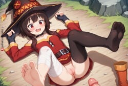 kaifuk feet megumin kono_subarashii_sekai_ni_shukufuku_wo! innie_pussy staff red_eyes ai_generated penis inminent_sex embarassed