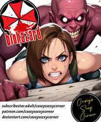 ai_generated angry_face biohazard blue_eyes brunette caseyssexycorner clenched_teeth jill_valentine monster prone_bone resident_evil running_mascara sex_from_behind zombie