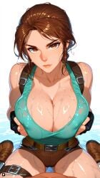 1girl ai_generated artist_name bangs bare_shoulders belt black_gloves boots breasts breasts_squeezed_together brown_eyes brown_footwear brown_hair brown_shorts cleavage closed_mouth collarbone covered_nipples fingerless_gloves gloves lara_croft large_breasts lips looking_at_viewer patreon pov questionable shirt short_shorts shorts sitting sleeveless solo thighs tomb_raider wariza wet wet_clothes wet_hair wet_shirt white_background