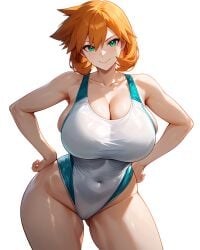 pokemon misty_(pokemon) misty_(pokemon_hgss) kasumi_(pokemon) ai_generated asymmetrical_hair bangs bare_shoulders blue_one-piece_swimsuit blue_swimsuit clothing competition_swimsuit covered_navel hair_between_eyes highleg highleg_swimsuit multicolored multicolored_clothes multicolored_swimsuit one-piece_swimsuit ponytail side_ponytail sportswear swimsuit tank_suit taut_clothes tied_hair two-tone_swimsuit white_one-piece_swimsuit white_swimsuit blush breasts busty clavicle cleavage curvaceous eyebrows female green_eyes groin huge_breasts large_breasts navel orange_hair shiny_skin short_hair sideboob skindentation thick_thighs thighs v-shaped_eyebrows wide_hips closed_mouth hands_on_hips hands_on_own_hips smile standing looking_at_viewer 1girl female_only solo