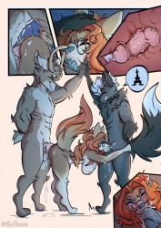 andromorph anthro antlers black_body black_fur blue_clothing blue_dress blue_eyes bodily_fluids brown_body brown_fur canid canine cervical_penetration clothing cum cum_in_mouth cum_inside deer dress dusk eiffel_tower_position female fennec_fox fox fur genital_fluids gesture green_eyes group group_sex hi_res high_five horn intersex jax_(xanedis) lirileuu male male/female mammal noah_(xanedis) orange_eyes paristrio penetration pushing_head red_fox sex silver_fox standing standing_sex threesome trio true_fox white_body white_fur xanedis_(xanedis)