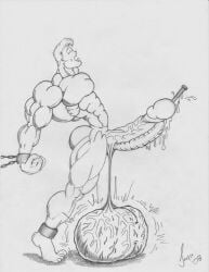 2008 bara cock_and_balls_torture dated gay hyper_balls jayse_(artist) male male_only monochrome muscular nipples original tagme torture traditional_media white_background