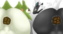 anus anus_focus balls black_body blue_eyes butt butt_focus drain_scat duo equid equine feces feces_in_ass feral generation_5_pokemon genitals green_body hi_res legendary_pokemon looking_back male mammal multicolored_body nintendo pokemon pokemon_(species) pooping pooping_together puffy_anus rear_view red_eyes scat simple_background two_tone_body virizion white_background white_body zebstrika