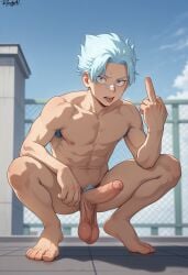 1boy ai-created ai_art ai_generated armpit_hair balls ballsack bandaid bandaid_on_nose barefeet barefoot blue_eyes blue_hair boku_no_hero_academia feet feet_fetish feet_focus foot foot_fetish foot_focus gay gay_male heavy_balls low_hanging_balls male male_focus male_only male_solo middle_finger my_hero_academia nipples oboro_shirakumo randgai shirakumo_oboro solo solo_focus solo_male tongue tongue_out yaoi