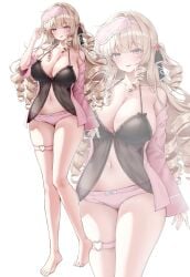 1girl alternate_costume arm_up babydoll bare_shoulders barefoot black_babydoll blue_eyes blunt_bangs blush bow bow_panties breasts cleavage commentary_request crown_(nikke) drill_hair drill_sidelocks full_body goddess_of_victory:_nikke highres korean_commentary large_breasts long_hair looking_at_viewer mask mask_on_head navel off_shoulder one_side_up open_clothes open_mouth panties pink_panties sidelocks sleep_mask sleeves_past_wrists smile soymilk_arts2 standing thigh_strap underwear zoom_layer
