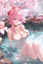 pink_hair long_hair purple_eyes honkai:_star_rail hoyoverse mihoyo honkai_(series) evanescia_(honkai:_star_rail) 1girls female animal_ears fox_ears breasts exposed_breasts breasts_out onsen large_breasts big_breasts naked naked_female nude nude_female water wet partially_submerged