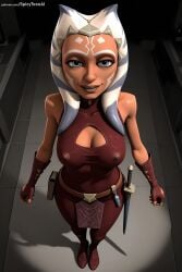 spicytoonai ai_generated patreon seductive sexy uncensored watermark hi_res high_quality high_resolution ahsoka_tano clone_wars 1girl fingerless_gloves breasts gloves weapon sword solo cleavage large_breasts belt sheath pouch belt_pouch white_hair from_above cleavage_cutout red_gloves sheathed facial_mark bare_shoulders smile holster sleeveless standing forehead_mark
