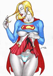 1girls 2020 blonde_hair blue_clothing carlos_braga closed_eyes dc female female_only kara_zor-el kryptonian large_breasts lifting_skirt lipstick long_hair miniskirt panties pleated_skirt red_cape red_miniskirt red_skirt skirt skirt_lift smile solo solo_female supergirl superheroine underboob white_background