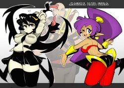 imdrowsy16 skullgirls shantae team_fortress_2 filia_(skullgirls) samson_(skullgirls) shantae_(character) heavy_(team_fortress_2) 2girls 1boy large_breasts breasts belly_button navel school_uniform schoolgirl necktie miniskirt skirt thick_thighs thighs thighhighs long_hair black_hair red_eyes light_skin light-skinned_female tongue tongue_out living_hair ass dark_skin dark-skinned_female light-skinned_male earrings purple_hair ponytail pointy_ears blush red_pants harem_pants red_bandeau 2d tagme