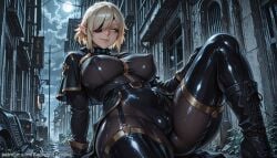ai_generated backdoorsenpai 1girl blue_eyes blonde_hair medium_hair single_sidelock low-tied_sidelocks pointy_ears one_eye_covered elf black_capelet gold_trim black_bodysuit black_coat collar black_gloves black_thighhighs garter_straps black_boots curvy wide_hips thick_thighs big_ass large_breasts thighs ass perky_breasts egao naughty_face naugty_eyes knee_up cameltoe covered_nipples light_smile chi_(the_eminence_in_shadow) the_eminence_in_shadow kage_no_jitsuryokusha_ni_naritakute!