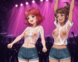 ai_generated psul self_upload stable_diffusion asahina_aoi asahina_yuko danganronpa danganronpa:_trigger_happy_havoc tokimeki_memorial tokimeki_memorial_1 crossover 2girls nightclub wet_t-shirt wet_t-shirt_contest public_indecency exhibitionism jean_shorts red_hair brown_hair red_eyes blue_eyes ponytail shoulder_length_hair nipples breasts nipples_visible_through_clothing see-through_clothing see-through_shirt braless arms_up audience cheering name_connection wet_clothes splashing_water hairclip crowd_watching breast_size_difference tan_skin large_areolae tan_areola large_breasts medium_breasts crop_top navel midriff white_shirt