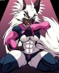 suggestive arskatheman oc oc_only canine mammal wolf anthro 2024 abs belly_button biceps breasts clothes commission crop_top digital_art ears eyelashes female flashing fur hair kneeling legwear looking_at_you muscles muscular_female open_mouth outfit_meme paggi_outfit pose sharp_teeth shirt shirt_lift solo solo_female stockings tail teeth thighs tongue tongue_out topwear underboob wide_hips