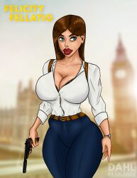 big_breasts bimbo blouse bra british british_female brunnette cleavage dahlheadlands earring felicity_fellatio_(dahlheadlands) gun lace_bra lace_trim lipstick london necklace pinup pistol pistol_in_hand red_lipstick secret_agent sexy smoking_gun spy suit_pants toned