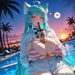 boba_tea miyuai ai_generated ai_assisted thick_thighs thick_ass thick thick_legs thick_hips thick_butt wide_hips wide_thighs voluptuous voluptuous_female curvy curvy_figure curvaceous curvy_female female 1girl catgirl cat_ears cat_girl mint_(neverness_to_everness) neverness_to_everness breasts swimsuit bikini ahoge palm_tree heart animal_ears long_hair bubble_tea_challenge huge_breasts hair_ornament tree eyebrows_visible_through_hair multicolored_hair blue_hair pink_eyes looking_at_viewer drinking_straw bangs bubble_tea very_long_hair cup rating:questionable animal_ear_fluff disposable_cup striped solo sky blush striped_bikini symbol-shaped_pupils water ocean two-tone_hair shirt