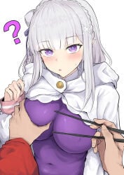 1boy 1girls ? belly breast_grab breasts_focus chopsticks elf elf_ears elf_female emilia_(re:zero) groping_breasts jumpsuit large_breasts nipple_bulge pov purple_eyes re:zero_kara_hajimeru_isekai_seikatsu reid_astrea_(re:zero) sakiya silver_hair skin_tight_suit submissive_female tight_clothing villain_on_heroine white_background