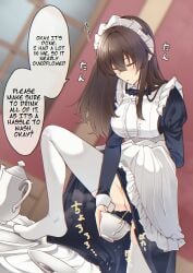 1girls breasts brown_hair closed_eyes container_urination dress dress_lift dress_lifted_by_self english_text female kabuto1107 large_breasts long_hair maid maid_dress maid_headdress maid_outfit maid_uniform no_panties original original_character peeing peeing_in_cup skirt skirt_lift skirt_lifted_by_self solo speech_bubble thighhighs white_thighhighs