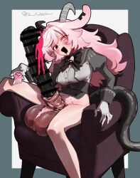 1girl animal_ears animal_penis armchair bell black_bow black_bowtie black_eyes black_penis blush border bottomless bow bowtie chair commentary_request cup drinking_glass erection feet_out_of_frame femme_soule futanari grey_border heterochromia holding holding_cup horns horse_penis huge_penis huge_testicles long_hair mirin_chikuwa neck_bell open_mouth outside_border penis pink_eyes pink_hair pukey_goddess_shot_trick shot_glass simple_background sitting solo spread_legs tail testicles white_background