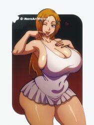 1girls ass_visible_through_thighs bleach boob_window digital_media_(artwork) gmoreartworks gradient_background hair_ornaments hand_on_breast heart inoue_orihime large_ass large_breasts long_hair looking_at_viewer nails orange_hair orihime_inoue painted_nails pinup smiling solo solo_female solo_focus tagme tanktop thick_thighs tongue tongue_out voluptuous watermark wink