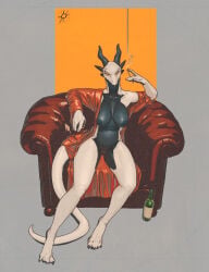 2026 5_fingers absurd_res alcohol anthro areola armchair bathrobe bathrobe_only beverage big_breasts black_areola black_body black_markings black_nipples black_scales breasts chair cigarette clothing container cup digital_media_(artwork) dragon drinking_glass feet female female_anthro fingers flowerdino furniture genitals glass glass_container glass_cup glistening glistening_body hi_res holding_object huge_breasts looking_at_viewer lounging markings mythological_creature mythological_scalie mythology navel nipples non-mammal_breasts reptile robe sagging_breasts scales scalie sitting smoke sofa solo spread_legs spreading tail toes vulva white_body white_scales wine wine_bottle wine_glass yellow_eyes ypera_(ayx)