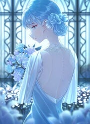 1girls original original_character light_blue_hair flowers back_focus bare_back exposed_back blue_eyes backless_outfit backless_dress white_dress solo_female youngsok pixiv looking_to_the_side