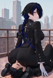 neverness_to_everness daffodill_(neverness_to_everness) femdom facesitting ass_focus ass ass_smothering dominant_female submissive_male black_hair blue_strand_of_hair black_coat black_pants clothed_female_nude_male white_gloves looking_at_viewer ai_generated face_in_ass tagme