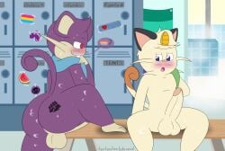anthro balls bench blush brown_tail_tip buckteeth butt dipstick_tail duo fur generation_1_pokemon genitals hair hi_res lgbt_pride locker looking_at_another male markings meowth meowth_tents(tentsonfire) nintendo on_bench penis pokemon pokemon_(species) pride_colors purple_body purple_fur question_mark rattata rogelio_(tentsonfire) sitting sitting_on_bench tail tail_markings teeth tents_(tentsonfire) tentsonfire wet white_body white_fur