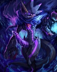 1boy animal_penis bar_censor black_sclera black_skin blue_cape cape censored colored_sclera colored_skin cum digimon digimon_(creature) digimon_ghost_game fire furry gulusgammamon horns looking_at_viewer male_focus nurinaki penis purple_eyes red_claws sharp_teeth smile solo teeth triceratops